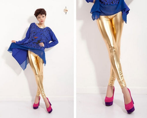 East Knitting Brand Autumn Winter Sexy Women's Shinny Gold Color PU Leather Fashion Punk Leggings Drop Shipping