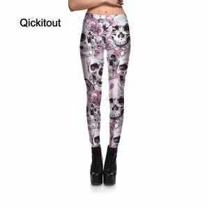 Qickitout Leggings New Arrival Women's Skull&Peach blossom Leggings Digital Print Pants Trousers Stretch Pants Wholesales