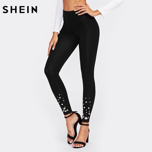 SHEIN Pearl and Rhinestone Embellished Leggings Fitness Women Solid Black Casual Autumn 2017 Womens Leggings Pants