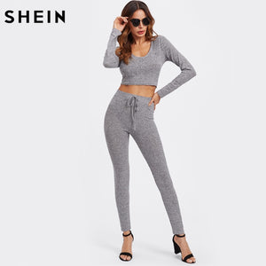 SHEIN Grey Long Sleeve Rib Knit Marled Hoodie Sexy Crop Tee and Leggings Set Autumn 2 Piece Set Women Pant and Top