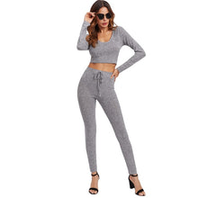 Load image into Gallery viewer, SHEIN Grey Long Sleeve Rib Knit Marled Hoodie Sexy Crop Tee and Leggings Set Autumn 2 Piece Set Women Pant and Top