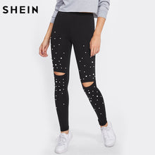 Load image into Gallery viewer, SHEIN Pearl Beading Knee Open Leggings Fitness Women Black Cut Out Womens Workout Leggings Casual Autumn Winter Leggings