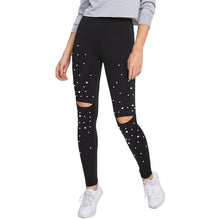 Load image into Gallery viewer, SHEIN Pearl Beading Knee Open Leggings Fitness Women Black Cut Out Womens Workout Leggings Casual Autumn Winter Leggings
