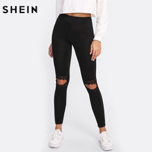 Load image into Gallery viewer, SHEIN Leggings Women Fitness Knee Cut Out Embroidered Mesh Insert Leggings Black Contrast Lace Workout Leggings
