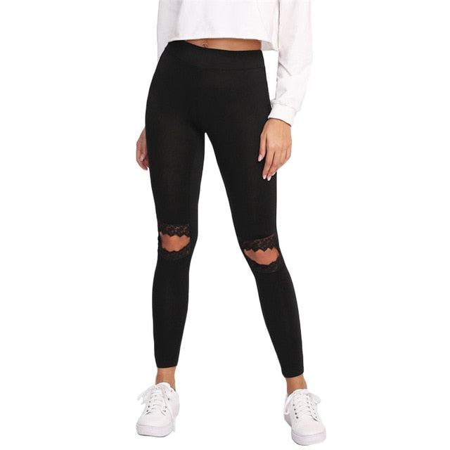 SHEIN Leggings Women Fitness Knee Cut Out Embroidered Mesh Insert Leggings Black Contrast Lace Workout Leggings
