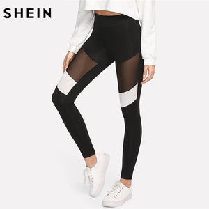 SHEIN Women Workout Leggings Black Fitness Womens Clothing Contrast Mesh Color Block Two Tone Mesh Insert Leggings