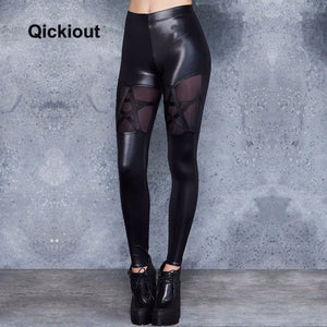 Qickitout women high waist leggings Leather pants black sexy costumes stars mesh Stitching women spring pants for party club