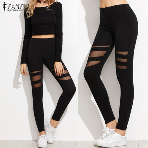 ZANZEA Women Leggings 2018 Casual Fitness High Waist Leggings Sexy Mesh Workout Insert Leggings Plus Size Black Pants Trousers