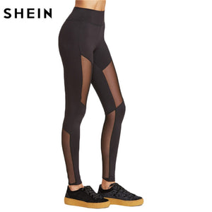 SHEIN Mesh Leggings Fitness Clothing Fashion Leggings Womens Black Wide Waistband Mesh Insert Casual Leggings