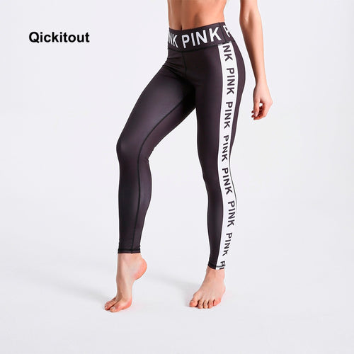 Qickitout Fashion Black Leggings 2018 Summer Long Pants Pink Letter Print Side Patchwork Sexy Casual High Waist Pants Fitness