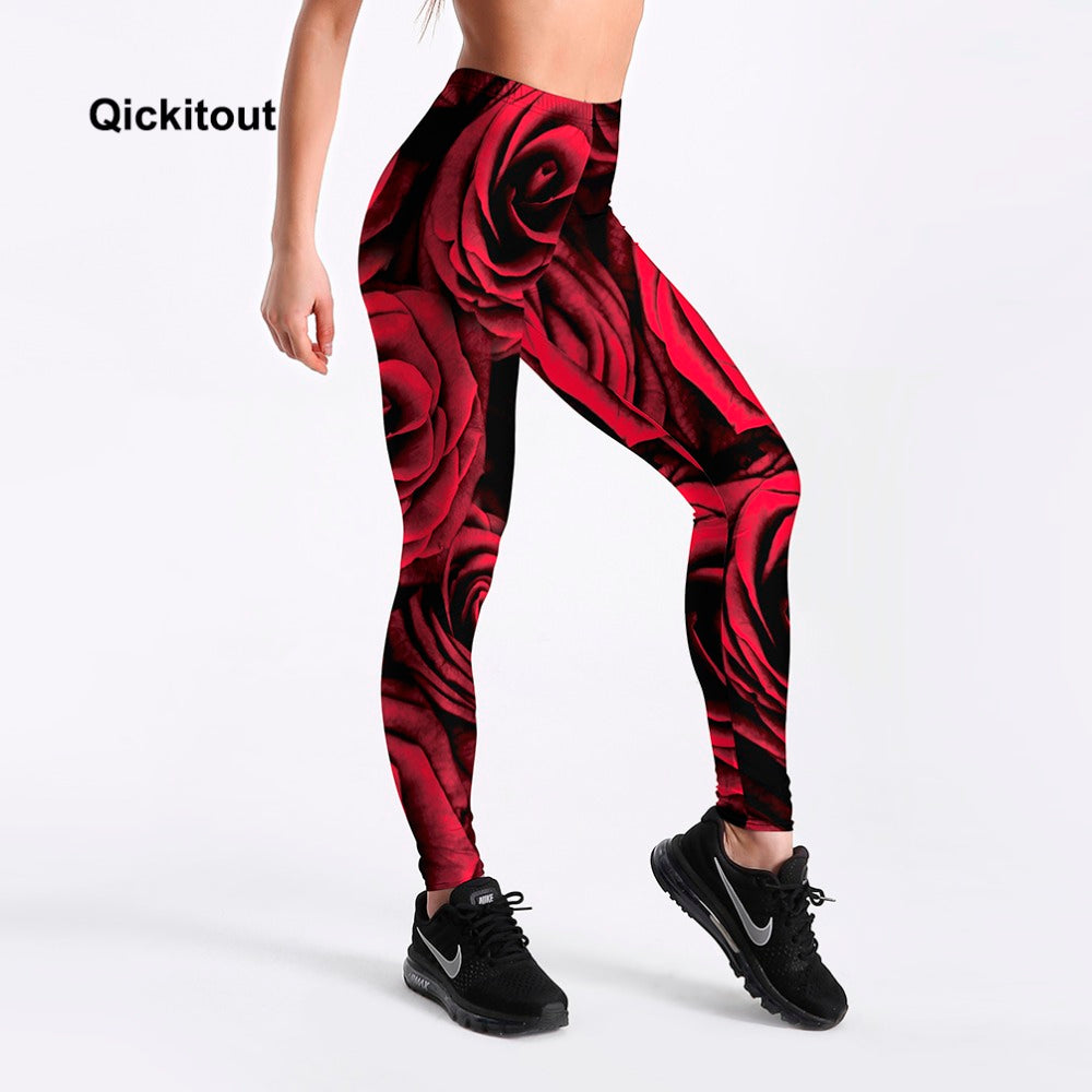 Women Sexy Leggings Red Roses Printed Workout Casual Pants Trousers Plus Size Summer Red Pants
