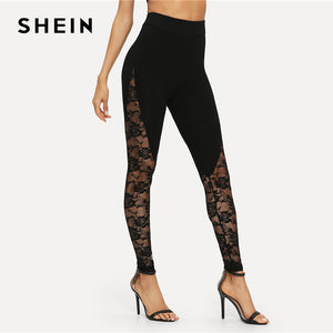SHEIN Black Sexy Elegant Sheer Floral Lace Insert Skinny Leggings Summer Women Going Out Trousers