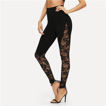 Load image into Gallery viewer, SHEIN Black Sexy Elegant Sheer Floral Lace Insert Skinny Leggings Summer Women Going Out Trousers
