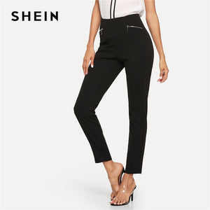 SHEIN Black Zip Pocket and Zip Back Leggings Elegant Plain Workwear Pants Women Autumn Soild Long Fitness Leggings Pants