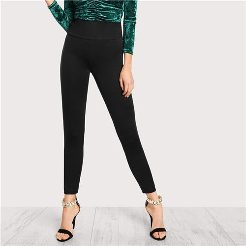 SHEIN Black Wide Waistband Solid Leggings Elegant Plain Stretchy Crop Fitness Trousers Women Autumn Workwear Pants