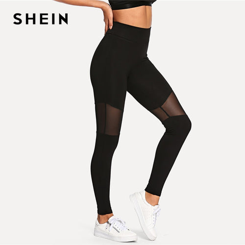 SHEIN Black Casual Sexy Contrast Mesh Contrast Skinny Solid Leggings Summer Women Trousers