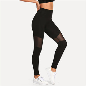 SHEIN Black Casual Sexy Contrast Mesh Contrast Skinny Solid Leggings Summer Women Trousers