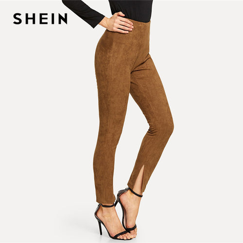 SHEIN Brown Split Hem Suede Leggings Elegant Casual Soild Modern Lady Pants Women Autumn Plain Workwear Leggings Trousers