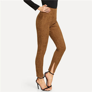 SHEIN Brown Split Hem Suede Leggings Elegant Casual Soild Modern Lady Pants Women Autumn Plain Workwear Leggings Trousers