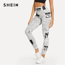 Load image into Gallery viewer, SHEIN Black And White Highstreet Newspaper Letter Print Streetwear Leggings 2018 Summer Women Sexy Casual Trousers