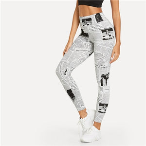 SHEIN Black And White Highstreet Newspaper Letter Print Streetwear Leggings 2018 Summer Women Sexy Casual Trousers