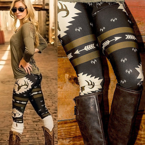 Womens Deer Printed Slim Narrow Leg High Waist Long Pants Leggings
