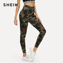 Load image into Gallery viewer, SHEIN Multicolor Mesh Insert Camo Print Leggings Sporting Patchwork Sheer Crop Pants Women Autumn Athleisure Leggings