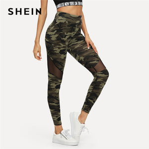 SHEIN Multicolor Mesh Insert Camo Print Leggings Sporting Patchwork Sheer Crop Pants Women Autumn Athleisure Leggings