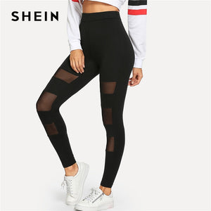 SHEIN Black Minimalist Sexy Contrast Mesh Contrast Solid Skinny Longline Leggings 2018 New Autumn Women Casual Pants Trousers