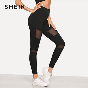 SHEIN Black Minimalist Casual Wide Waistband Mesh Insert Skinny Solid Leggings 2018 New Autumn Sexy Women Pants Trousers