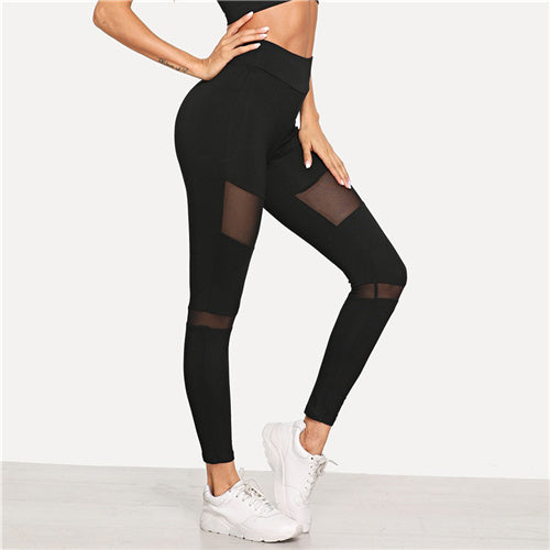 SHEIN Black Minimalist Casual Wide Waistband Mesh Insert Skinny Solid Leggings 2018 New Autumn Sexy Women Pants Trousers