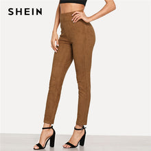 Load image into Gallery viewer, SHEIN Brown Elegant Office Lady Solid Suede Skinny Leggings 2018 Autumn Highstreet Workwear Women Pants Trousers