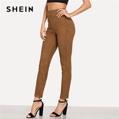 SHEIN Brown Elegant Office Lady Solid Suede Skinny Leggings 2018 Autumn Highstreet Workwear Women Pants Trousers