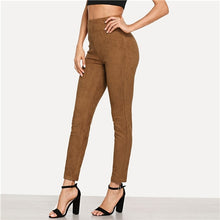 Load image into Gallery viewer, SHEIN Brown Elegant Office Lady Solid Suede Skinny Leggings 2018 Autumn Highstreet Workwear Women Pants Trousers