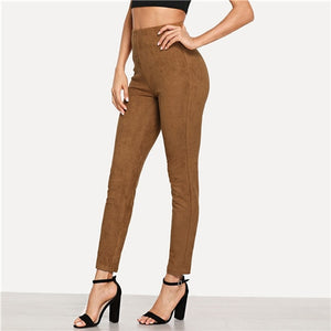 SHEIN Brown Elegant Office Lady Solid Suede Skinny Leggings 2018 Autumn Highstreet Workwear Women Pants Trousers