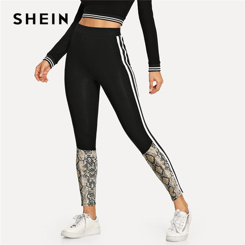 SHEIN Black Elegant Modern Lady Solid Striped Side Snakeskin Print Leggings 2018 Autumn Highstreet Workwear Women Pants Trousers