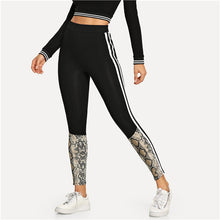 Load image into Gallery viewer, SHEIN Black Elegant Modern Lady Solid Striped Side Snakeskin Print Leggings 2018 Autumn Highstreet Workwear Women Pants Trousers